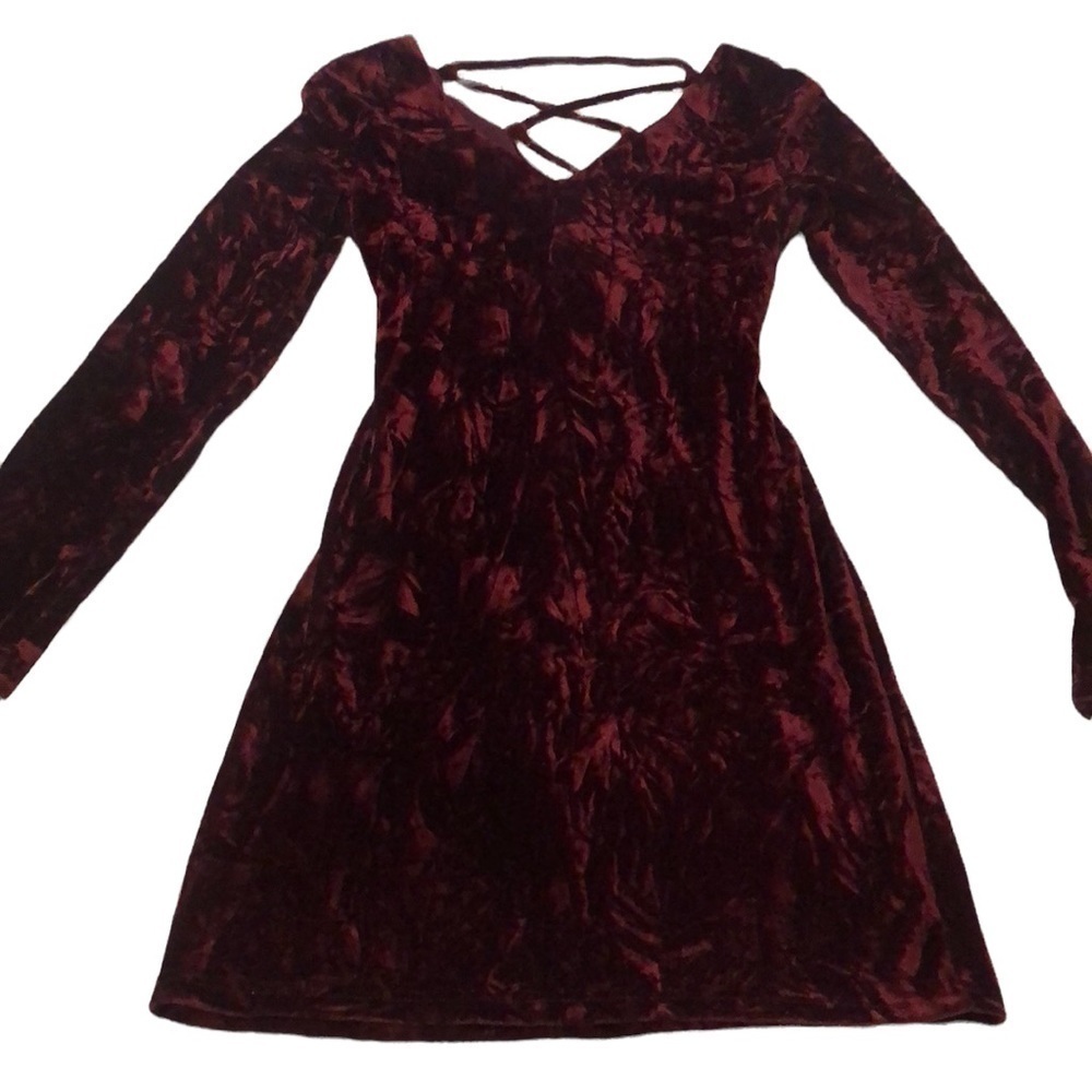 Dark Red Long Sleeve Open Back Velvet Style Dress Size Small